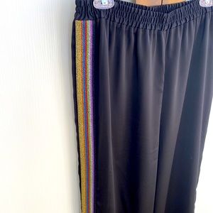 Black Satin Pants with Rainbow Glitter Racing Stripe